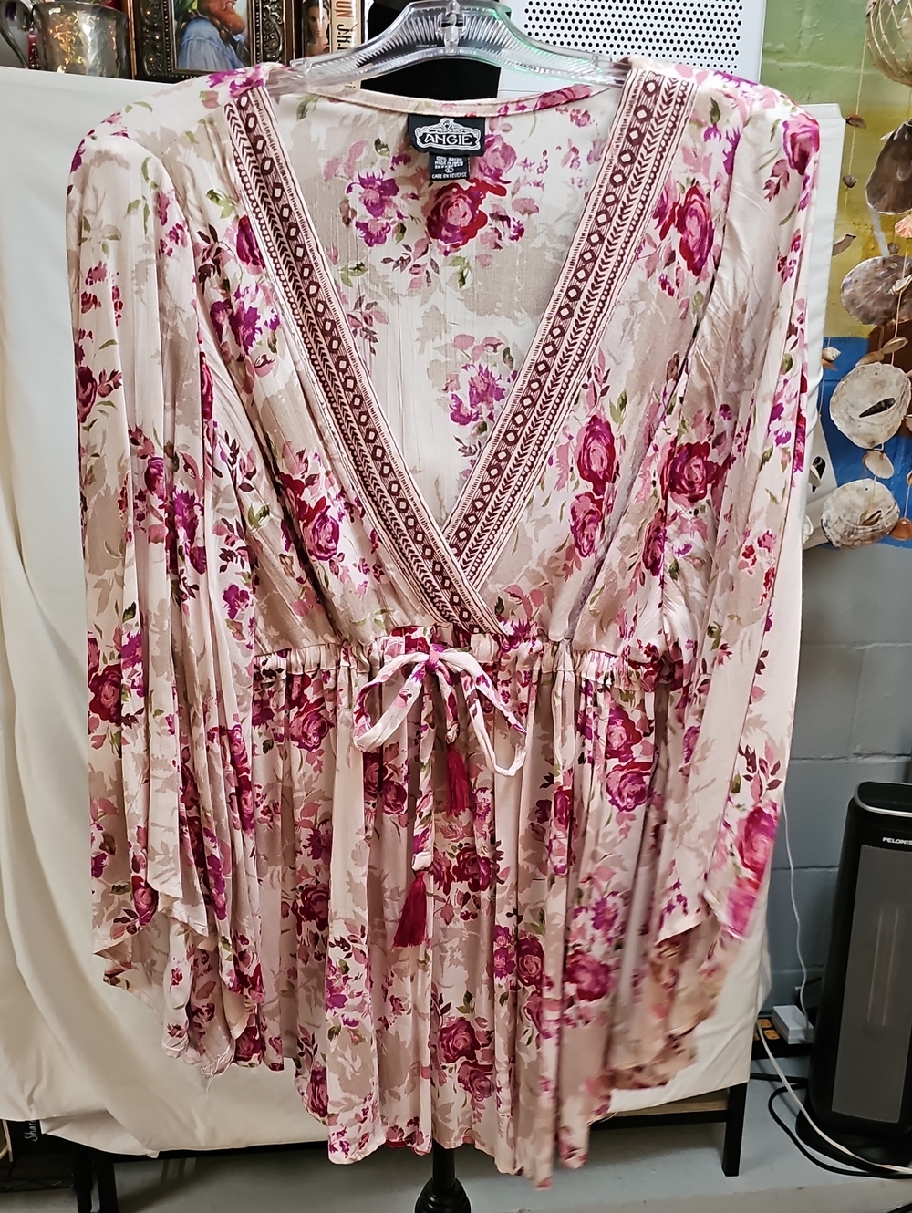 Angie Pink and Cream Floral V-Neck Tie-Waist Tunic
